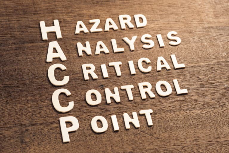 HACCP acronym and definition (Hazard, Analysis, Critical, Control, Point) arranged by wood alphabets