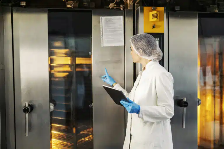 A female inspector looking at furnace with tablet in hands at bakery.